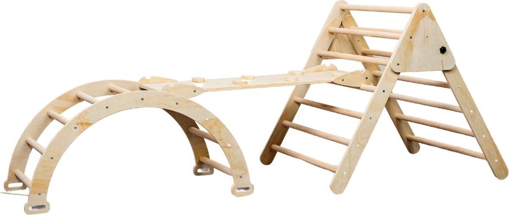 A wooden Montessori climbing set with a triangular climber and a curved arch climber, shown against a white background.