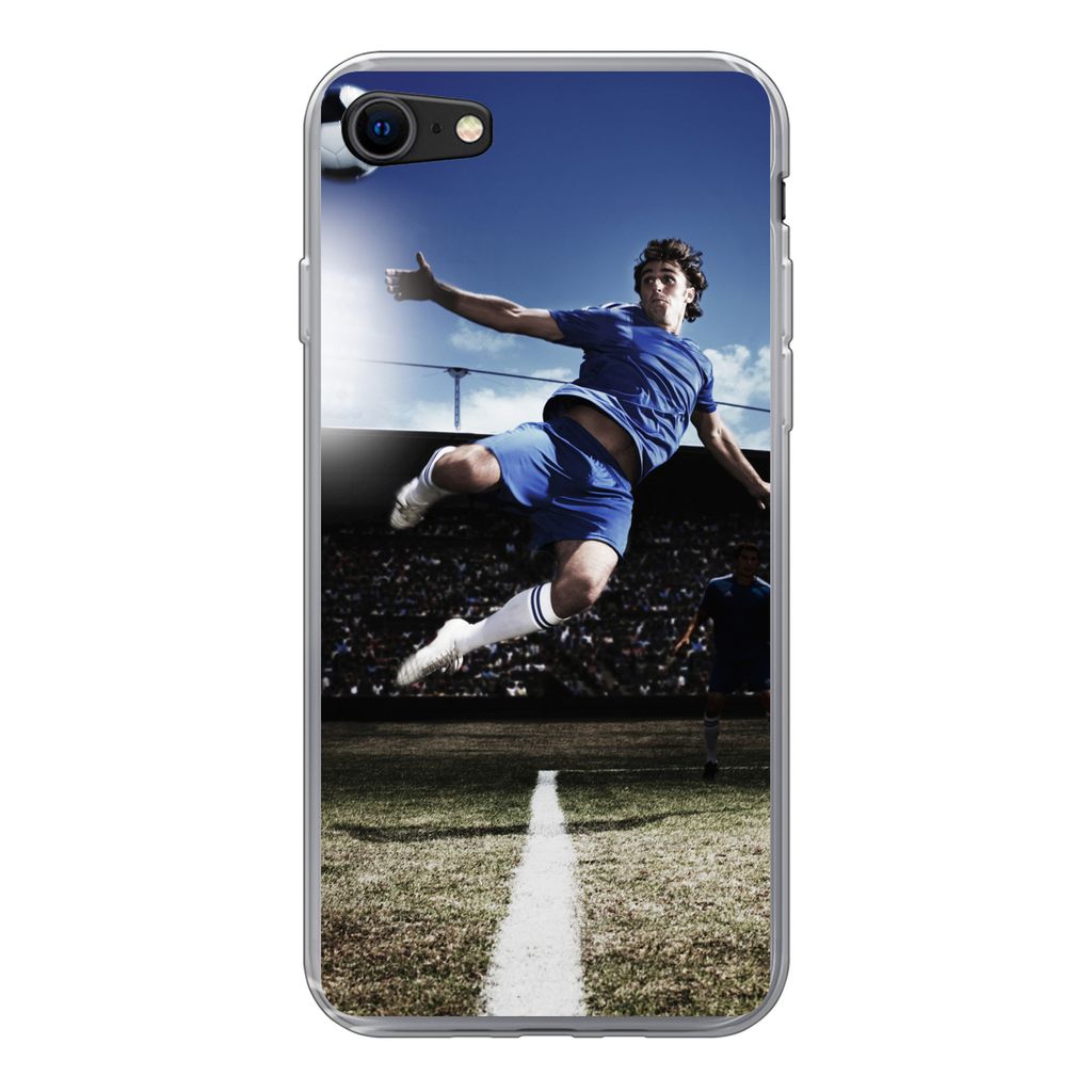 MuchoWow Handyhülle Schutzhülle Hülle für iPhone SE 2020 Fußballspieler macht einen Volley Silikon Softcase Handy Hülle - Kartenbesitzer