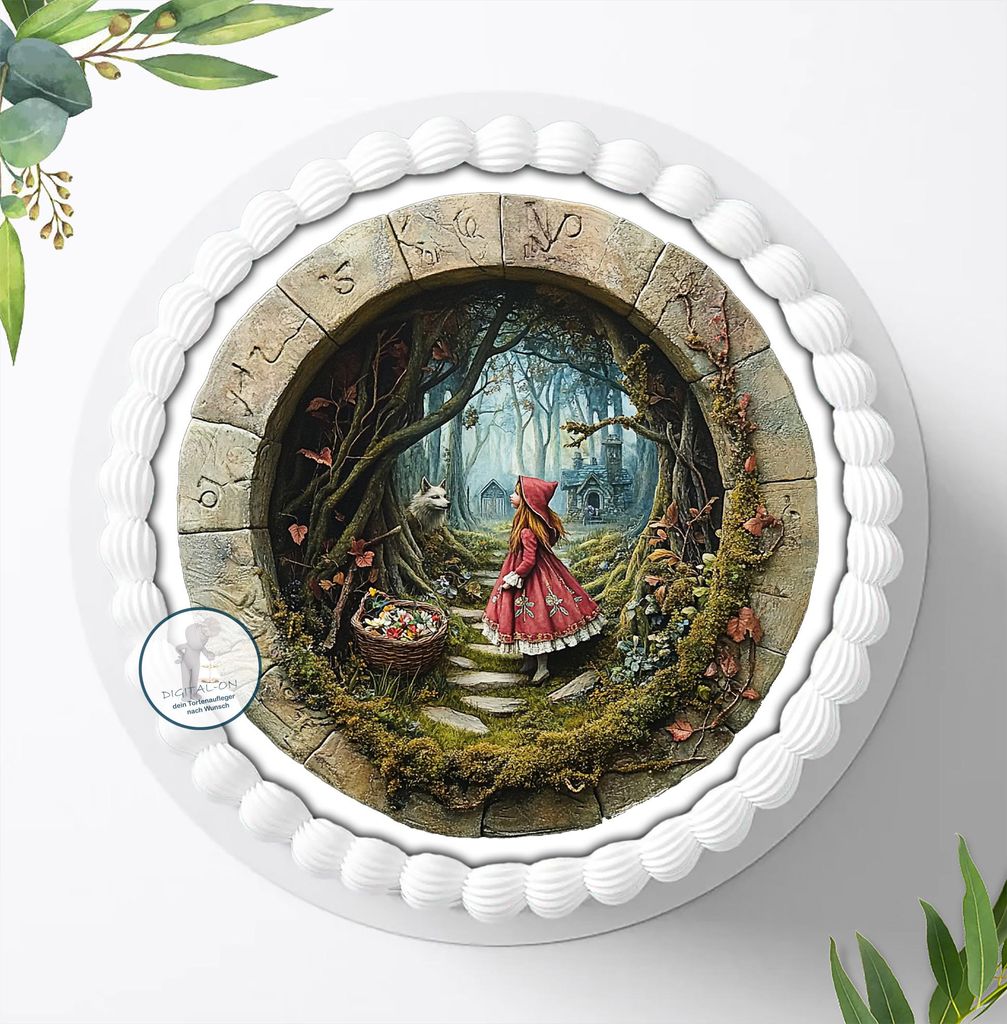 Für die Geburtstags Torte ein Tortenaufleger, Zuckerbild mit dem Motiv: Rotkäppchen und der Wolf, Essbares Foto für Torten, Fondant, Ø 20cm, 2217z