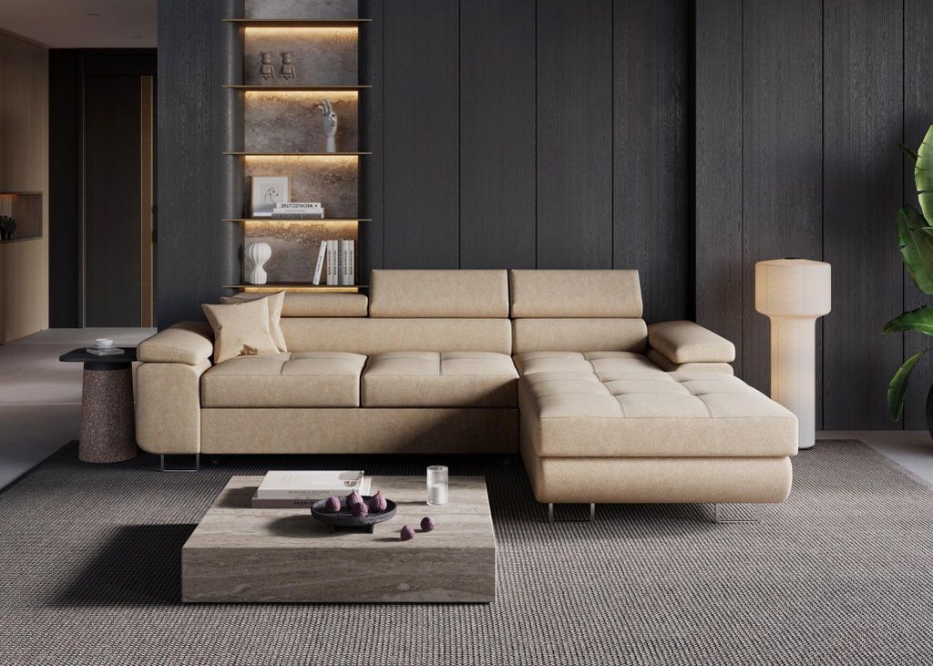 Ecksofa Volare L – formschön mit Schlaffunktion, Bettkasten, Stoff Castel. Seite: Rechts, Tkanina: Volare_castel_15