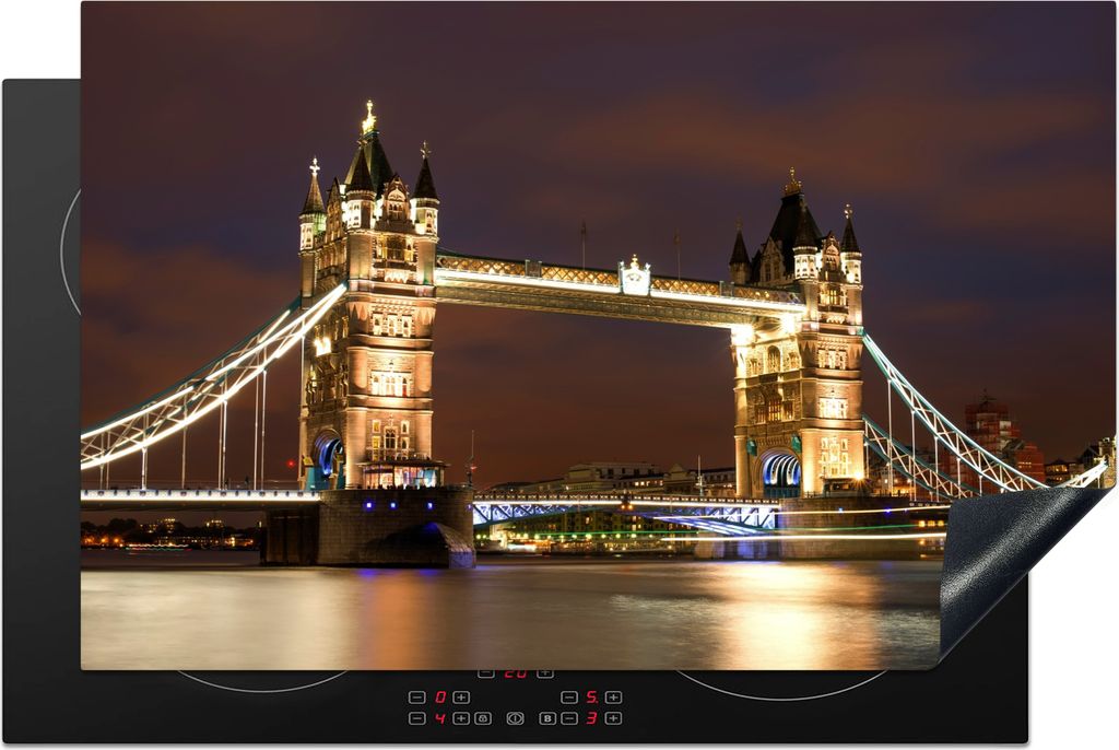 KitchenYeah Herdabdeckplatte London - Nacht - Brücke , 81x52cm, Küche Deko, Glaskeramikkochfeld Herdabdeckung, Abdeckplatte fùr Kochfeld