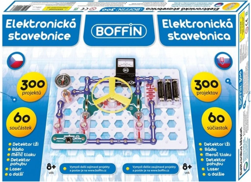 The image shows the packaging of an electronic construction kit, with a depiction of the kit's components and a sample circuit board setup.