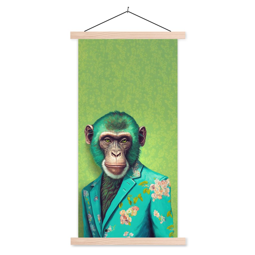 MuchoWow Textilposter Affe - Colbert - Blumen - Neon - Porträt 40x80 cm mit holzfarbenen Rahmen - Wohnzimmer