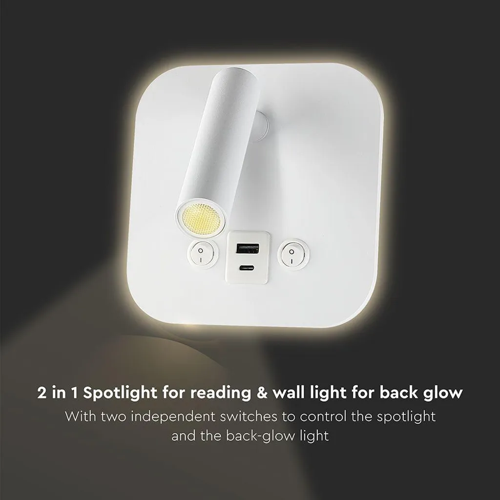 Applique LED 8W blanche orientable avec chargeur rapide USB et PD - 6