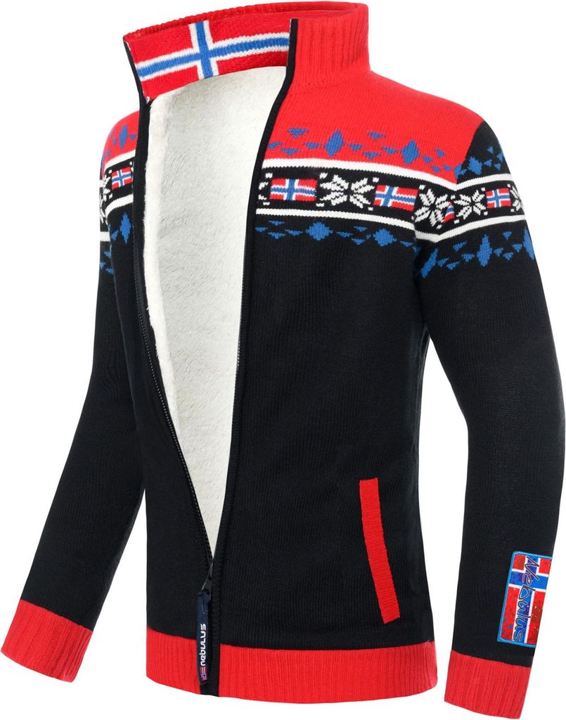 Nebulus Norweger Strickjacke mit Teddyfell CANADIAN Herren, gefütterte Jacke , mit Reißverschluss , P4700 - Herren, schwarz-rot, M
