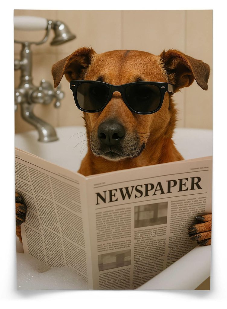 Muralo Poster für WC Badezimmer HUND in Badewanne Retro Zeitung Abstraktion 20x30cm