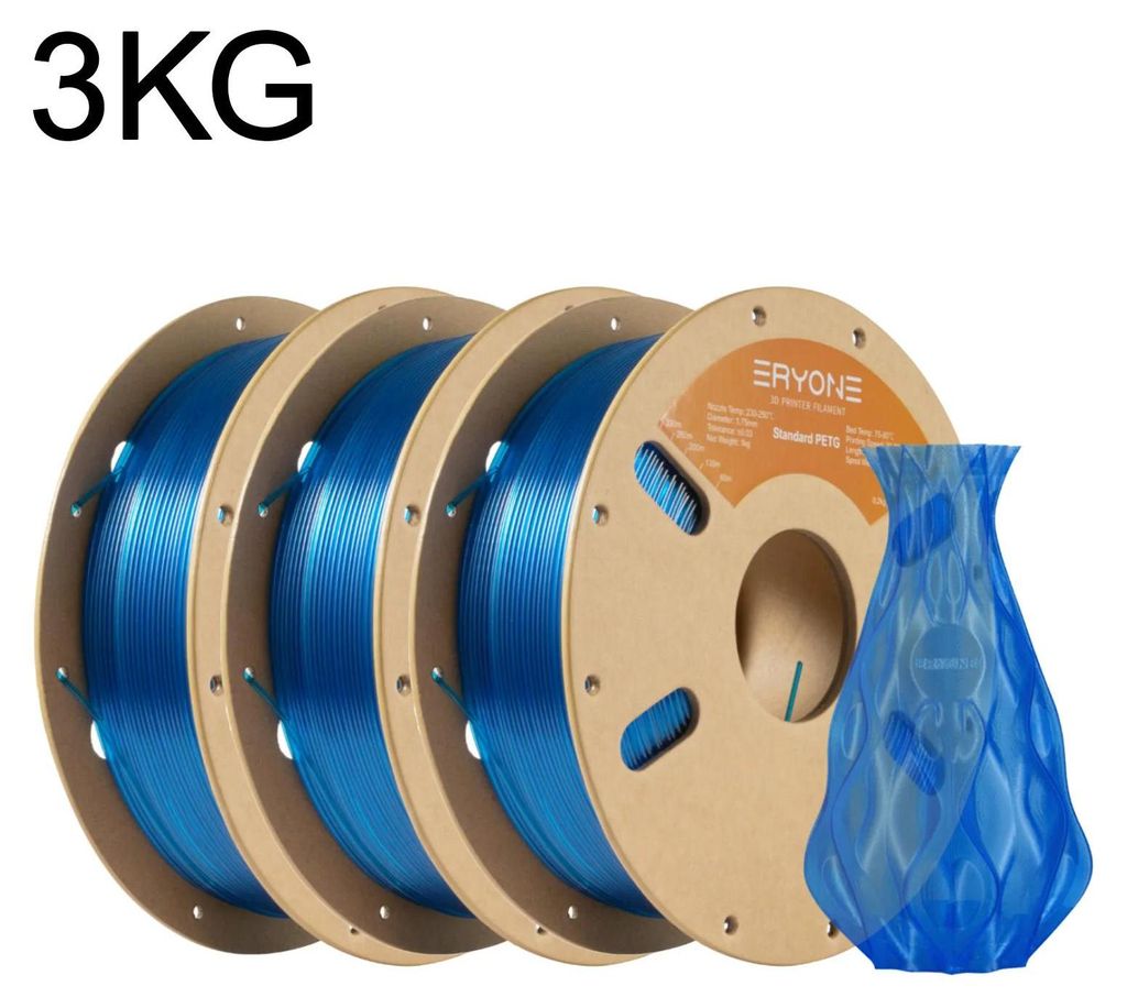 PETG Filament für 3D Drucker - 1,75 mm - 3 kg Spule - Maßhaltigkeit ±0,03 mm - Drucktemperatur 230–250 °C - Transparent Blau