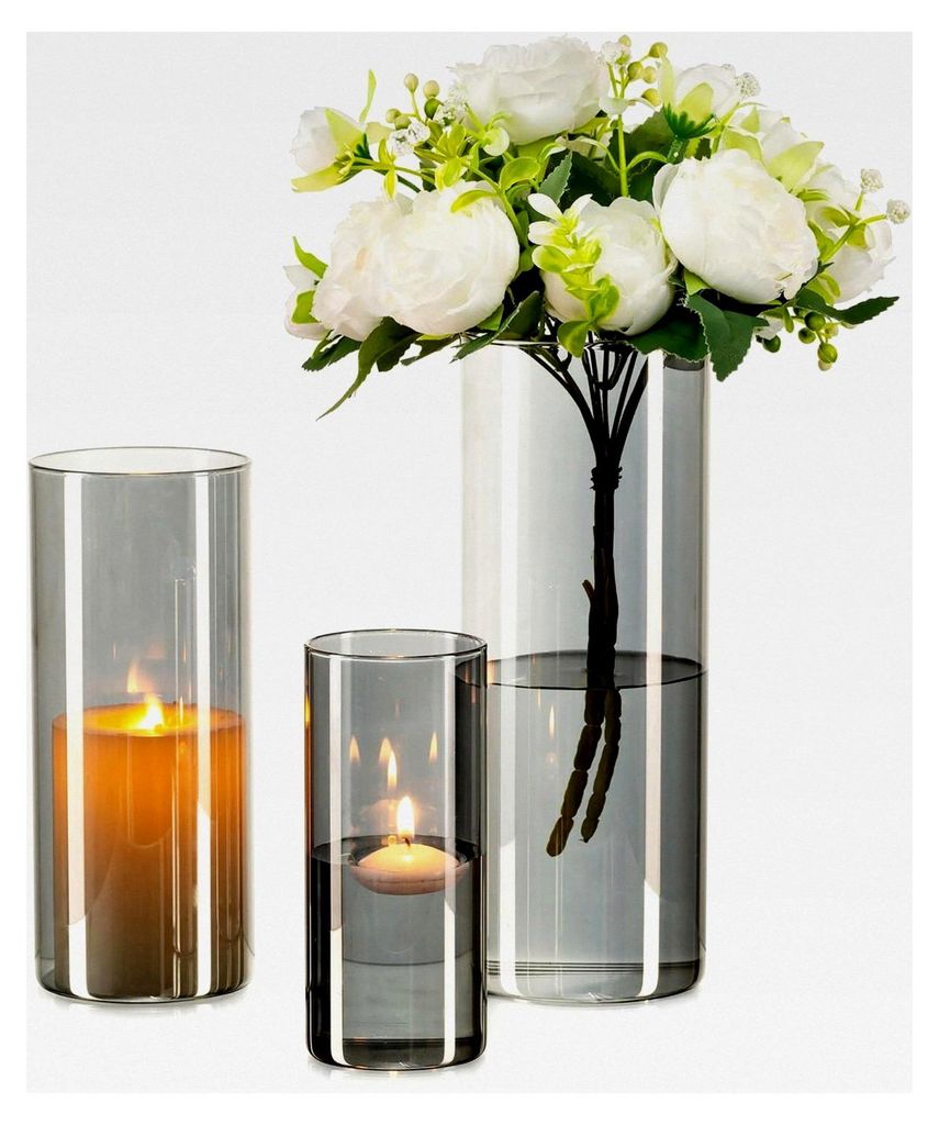 Vase Schwarz Grau - 3 Stück Glas Zylinder Blumenvase Deko Klare Glasvase für Hochzeit Tischdeko Windlicht Kerzenständer