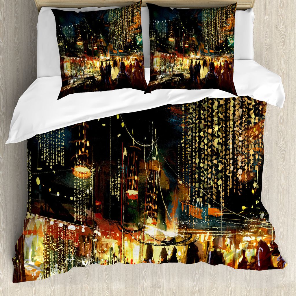 ABAKUHAUS Nacht Bettbezug, Stadt-Straße Bunte Kunst, Milbensicher Allergiker geeignet mit Kissenbezügen, 155 cm x 220 cm - 80 x 80 cm, Mehrfarbig