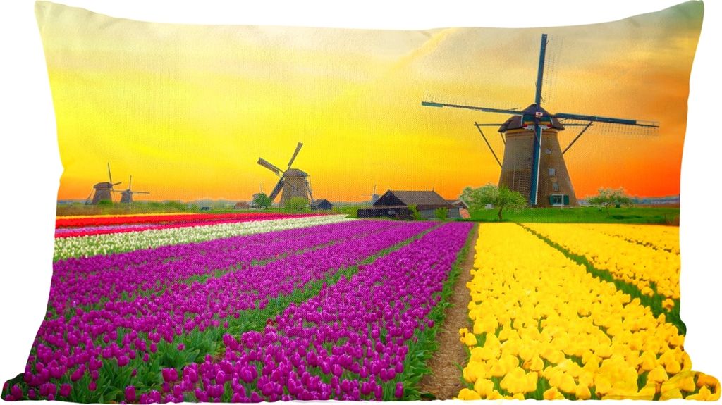 MuchoWow Zierkissen Sofakissen Wohnzimmer Dekokissen 50x30 cm Windmühle - Tulpen - Blumen - Frühling - Wohnzimmerdekoration - Polster mit Photo