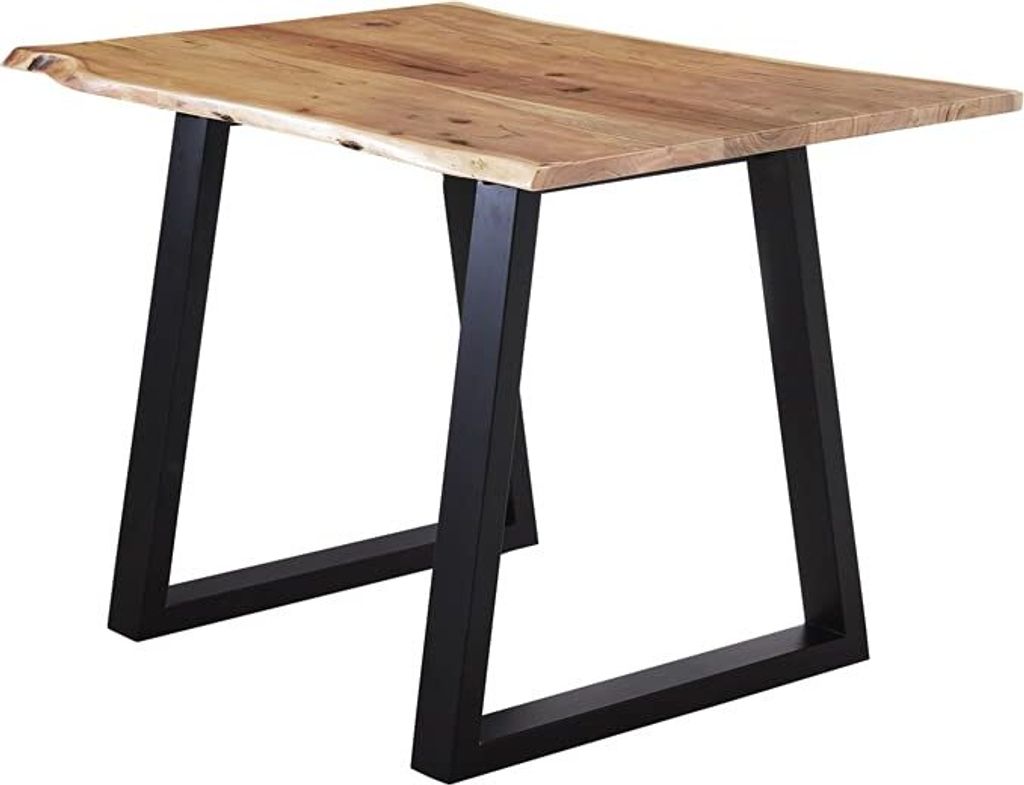 Esstisch 120x80 cm Lubin, Akazienholz naturfarben, Massiver Esszimmertisch mit echter Baumkante, Baumkantentisch mit V-Gestell Schwarz, Holztisch m...