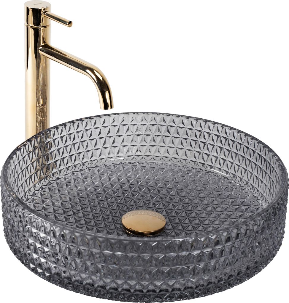 A close-up studio shot of a bathroom sink and faucet.
