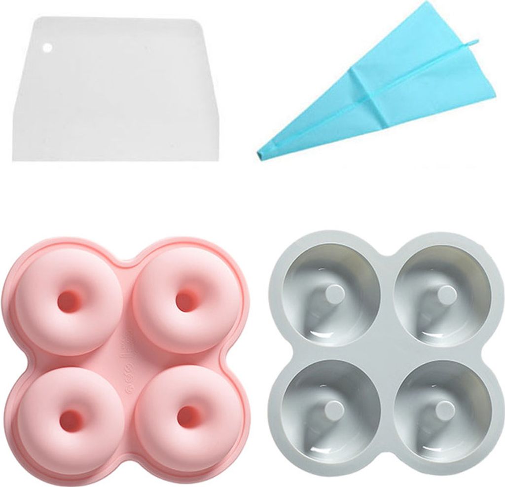 Set Mit 2 Donut-Silikonformen, Runde Geriffelte Kuchen-Backform Mit 4 Mulden, Spritzbeutel Und Schaber, Standard-Donut-Form Mit 6,3 Cm Durchmesser ...