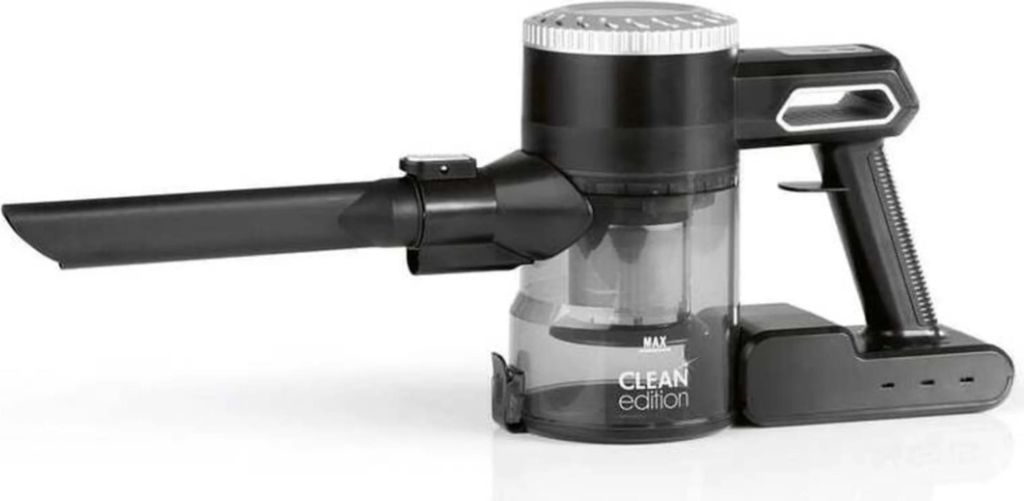 A black and silver cordless vacuum cleaner is shown against a white background.
