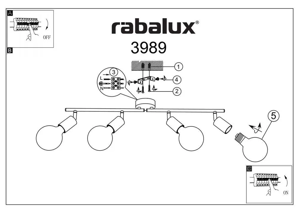 Plafonnier industriel E27 4x40W noir mat 3989 Lamar Rabalux design chic - 5