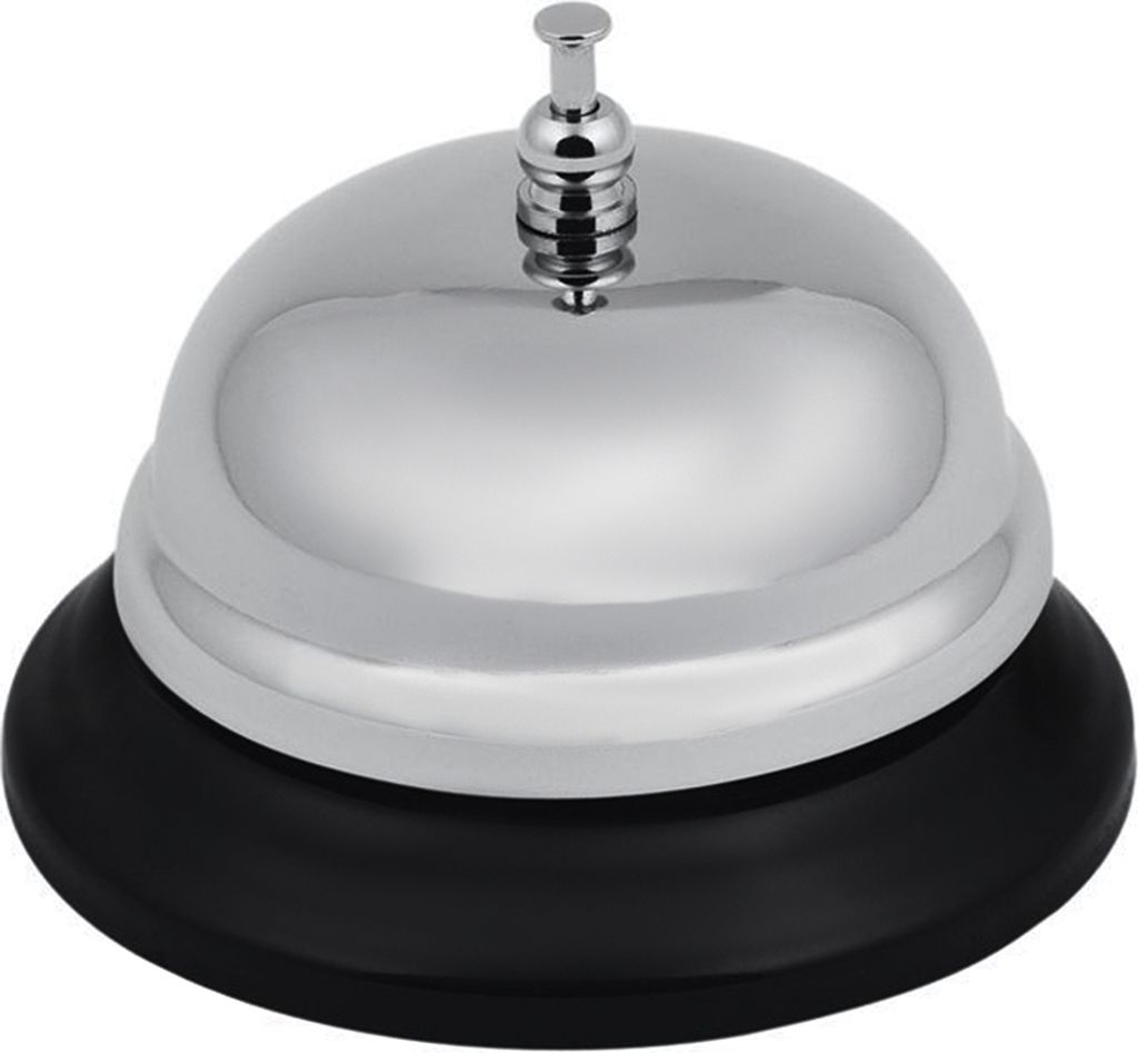 A silver and black reception bell on a white background.