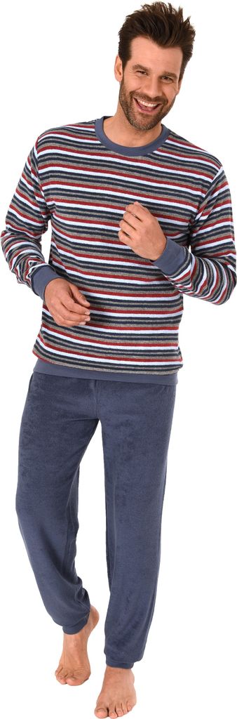 Herren Frottee Pyjama mit Bündchen Schlafanzug in lässiger Streifenoptik - 291 101 13 845 ; blau , 50