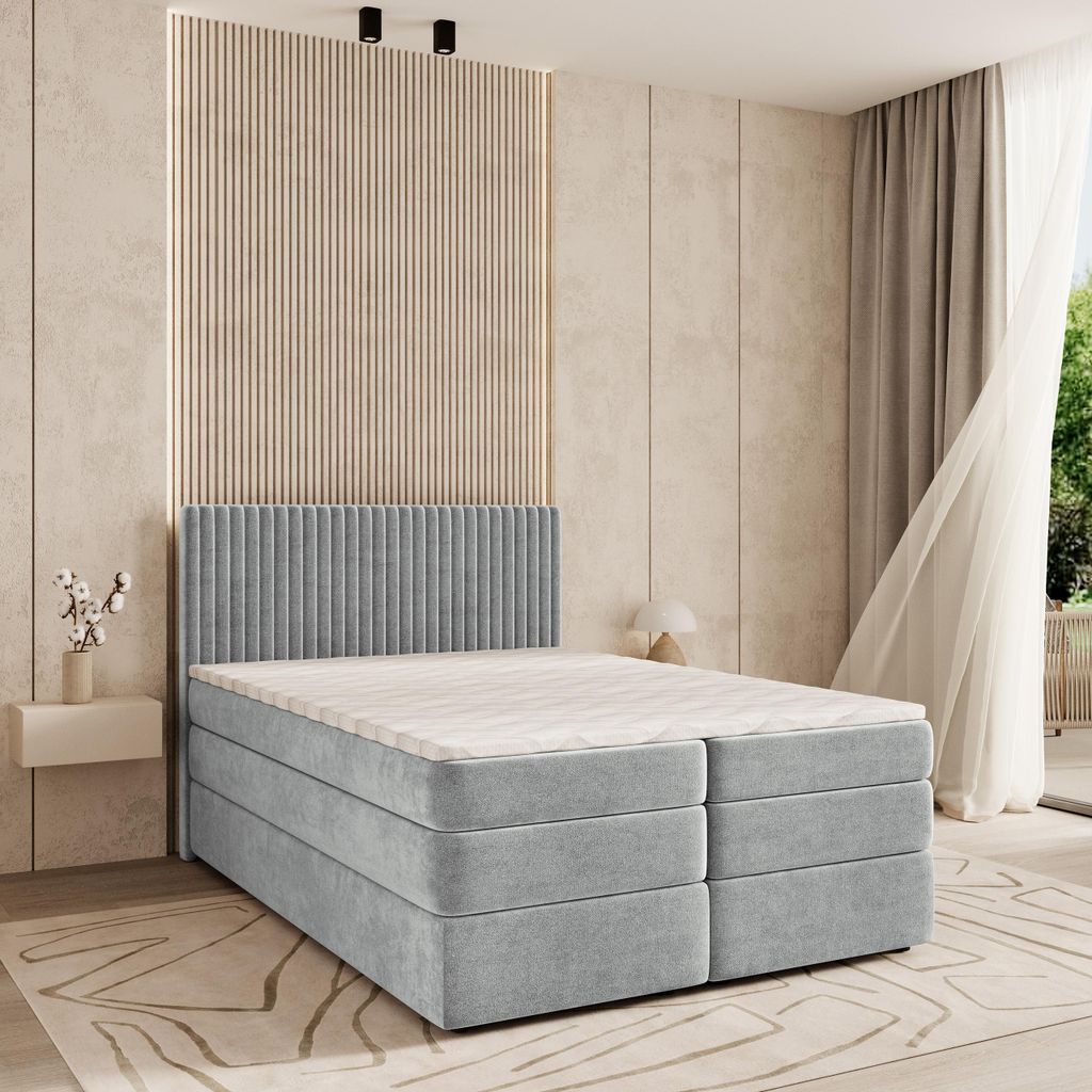 Masseno Boxspringbett FELBIO 160x200 cm Komplett-Set mit Bonell Matratze und Topper, Polsterbett mit Bettkästen -Hellgrau, PAROS 05