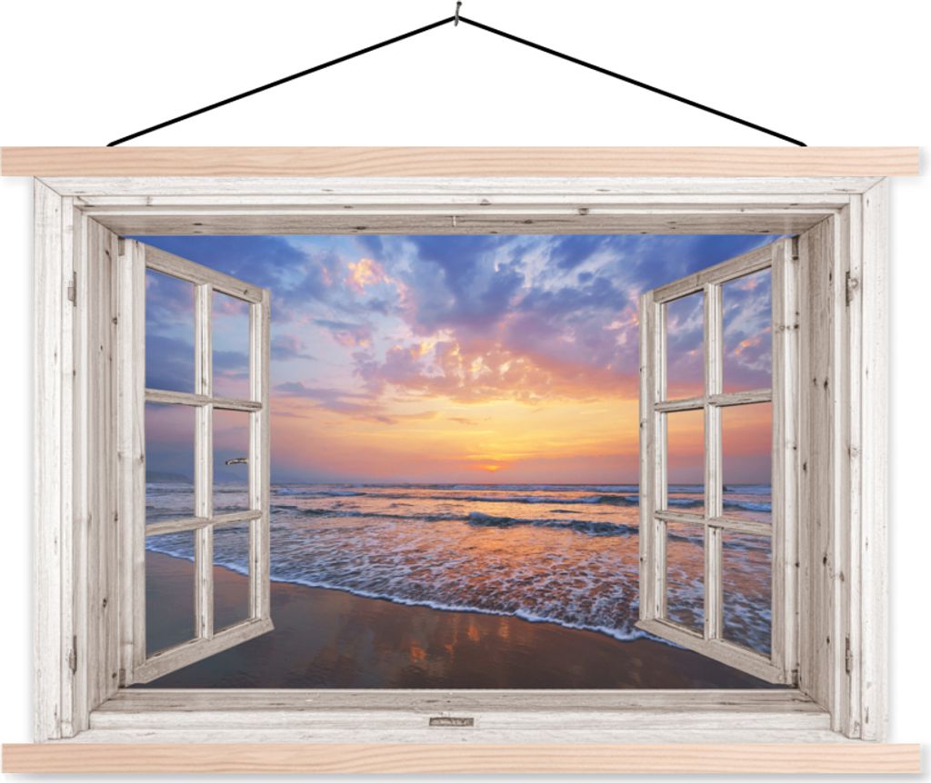 MuchoWow Textilposter Aussicht - Meer - Strand - Sonnenuntergang - Blau 60x40 cm mit holzfarbenen Rahmen - Bilder