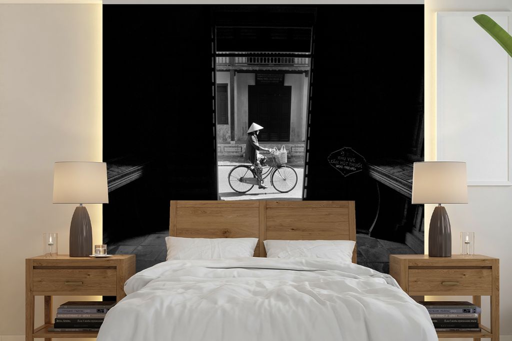 MuchoWow Fototapete für Wohnzimmer oder Schlafzimmer Wandtapete Vinyl Motivtapete Tür - Fahrrad - Straße - Architektur - 220x220 cm - Tapeten