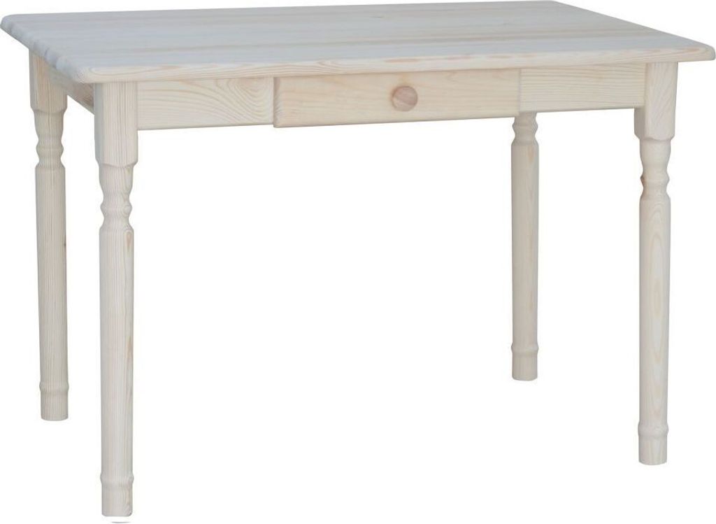 A light wood table with a single drawer is shown against a white background.
