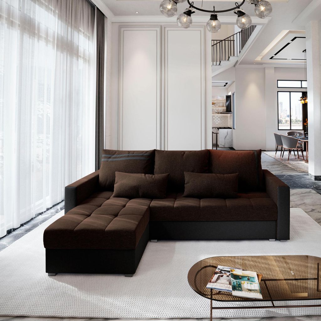 Masseno Ecksofa KOS PIK mit Schlaffunktion L-Form, Sofa mit Bettkasten, Wohnzimmersofa, Couch, Soffa, Bettsofa, Couchgarnitur- Braun, SAWANA 16 + M...