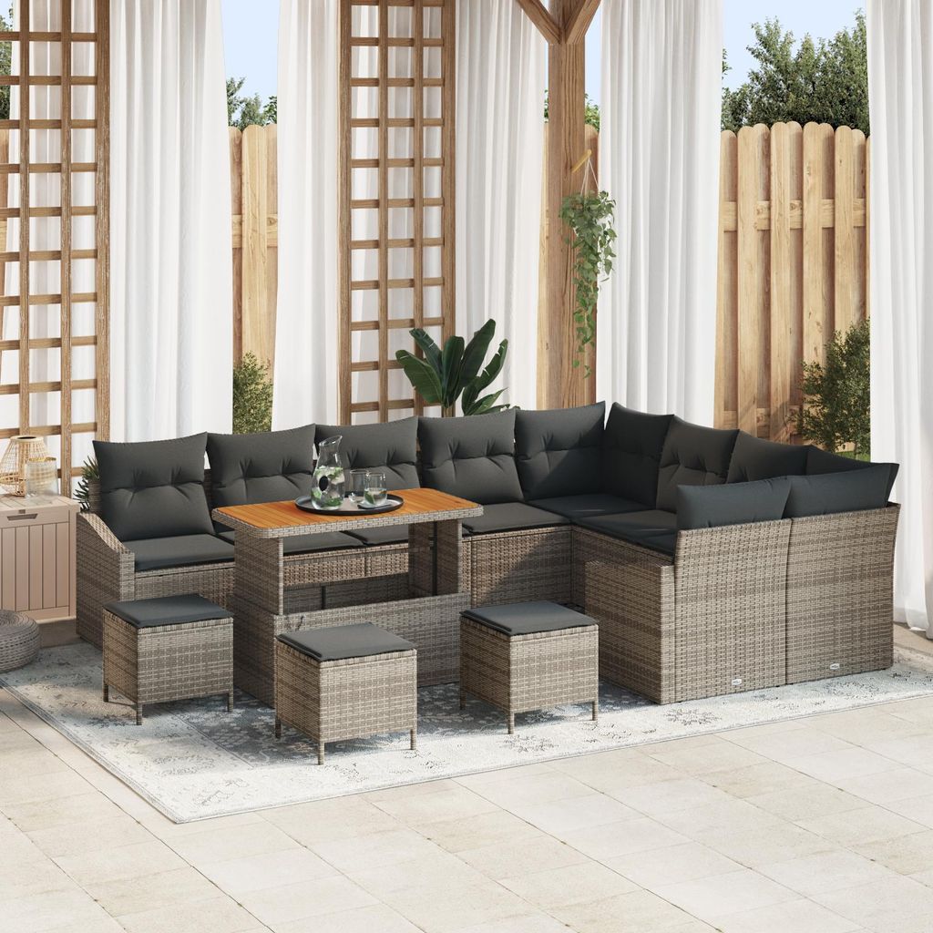 Möbel 13-teilige Garten-Sofa-Garnitur mit Kissen Grau Poly Rattan Akazie - Gartensofas 3362703