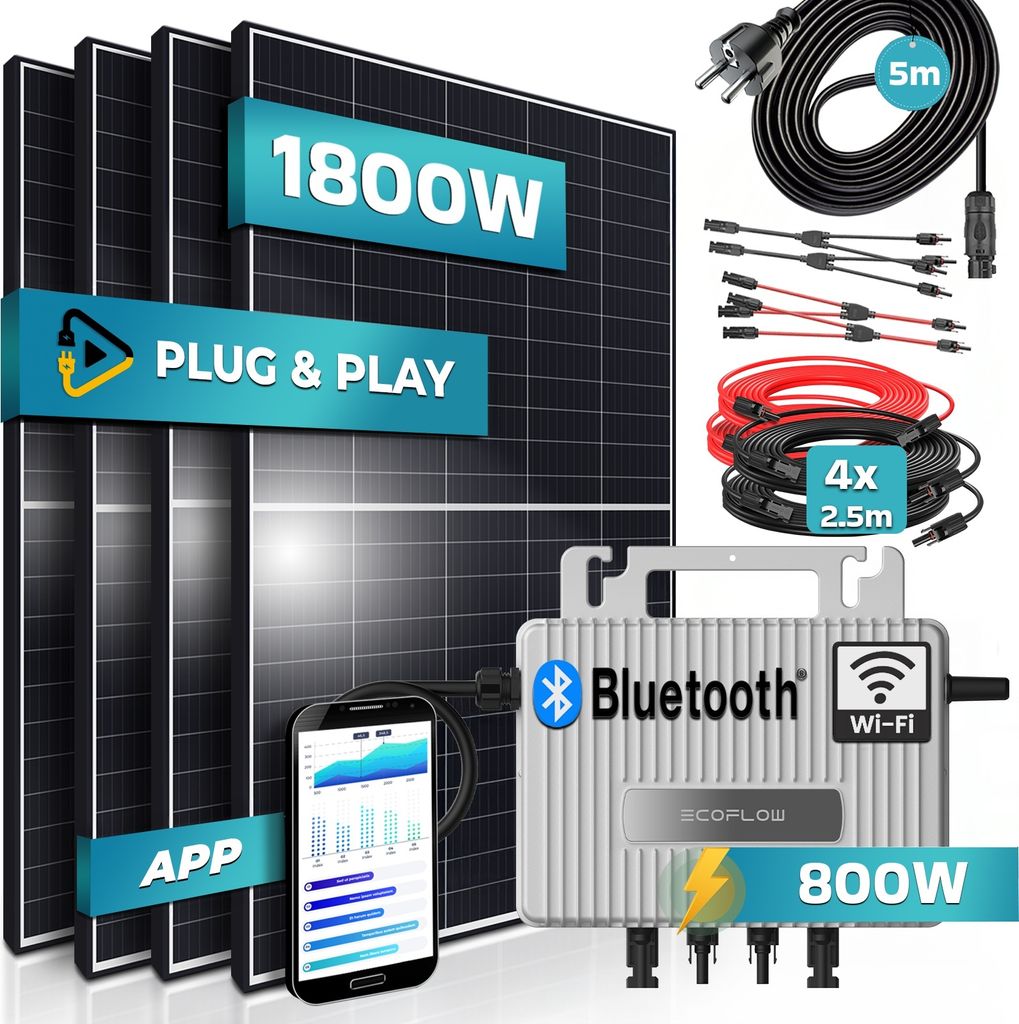 SUNNIVA 1800W Balkonkraftwerk 800W komplett Steckdose - Ecoflow 800W Wechselrichter - PV Solaranlage - 4x450W Solarmodule - 5m Kabel - WIFI