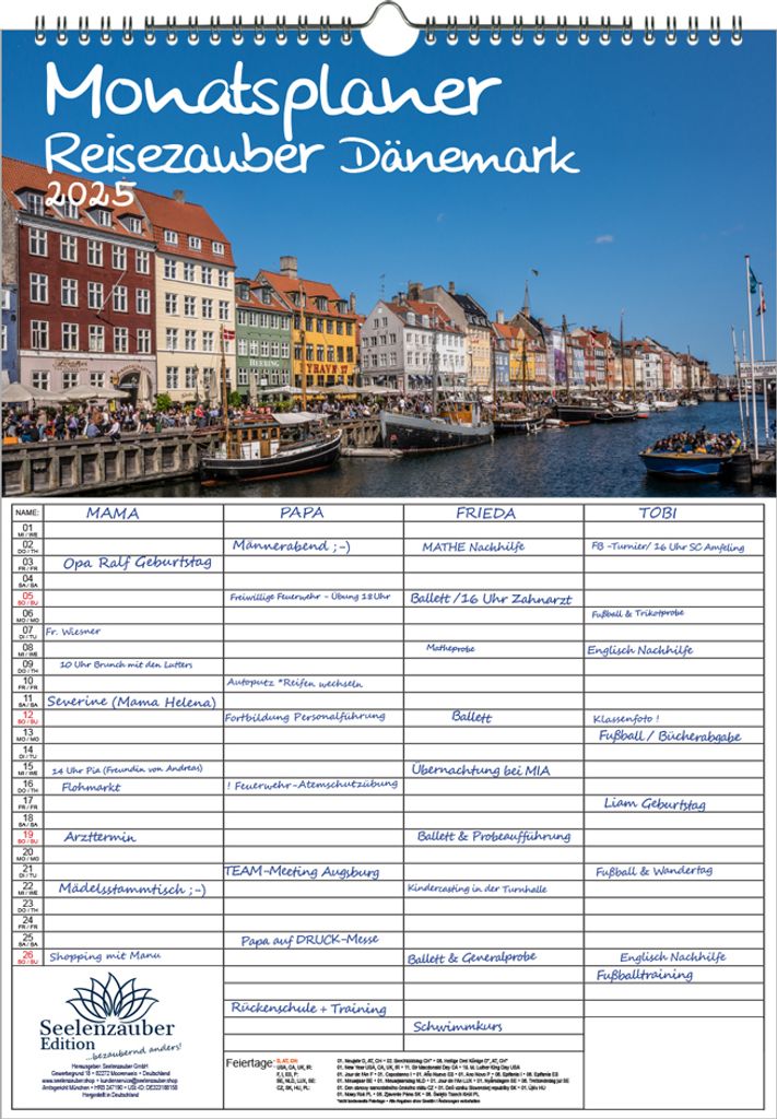 Reisezauber Dänemark Planer Wandplaner Familienplaner 4 Spaltenplaner DIN A3 Kalender für 2025 Kopenhagen Stadt Reise Land Urlaub - Seelenzauber