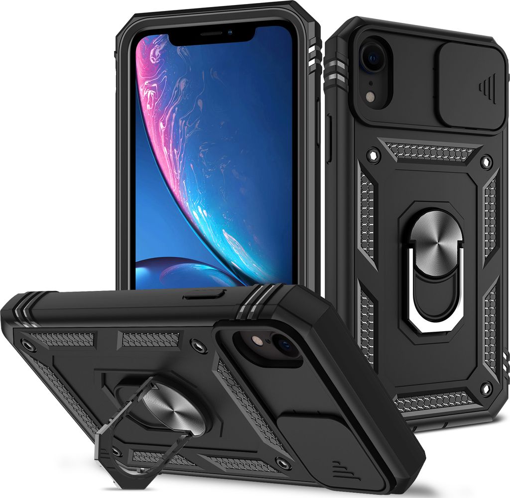 iPhone XR Hülle, Schiebe Kamera Schutz Robust Stoßfest Schutzhülle mit Ringhalterung Ständer Kartenhalter für iPhone XR Schwarz