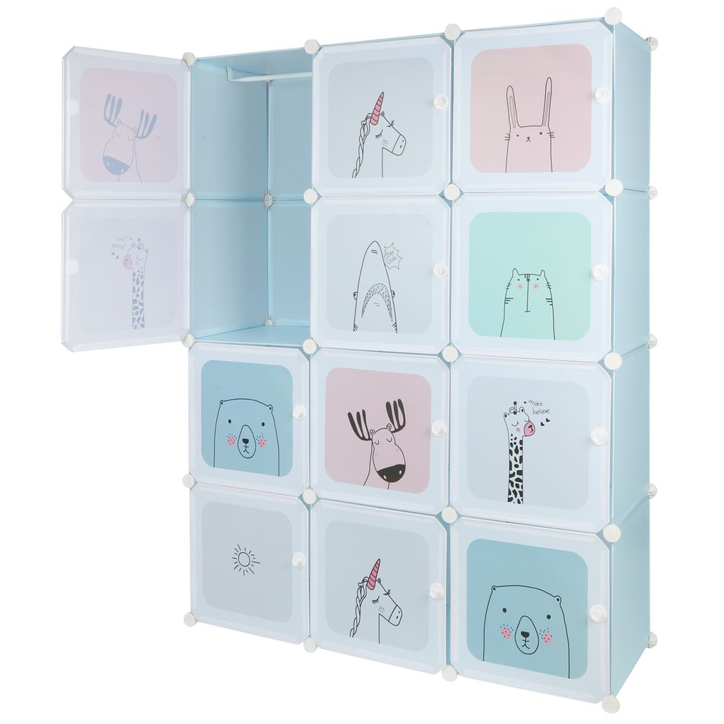 DIY Kleiderschrank Kinderkleiderschrank Garderobenschrank mit 2 Stangen Blau
