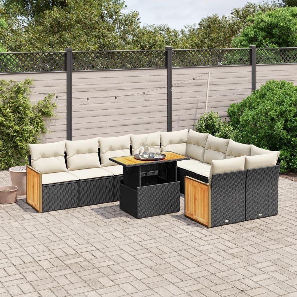 Ankonbej 10-tlg. Garten-Sofagarnitur mit Kissen Schwarz Poly Rattan