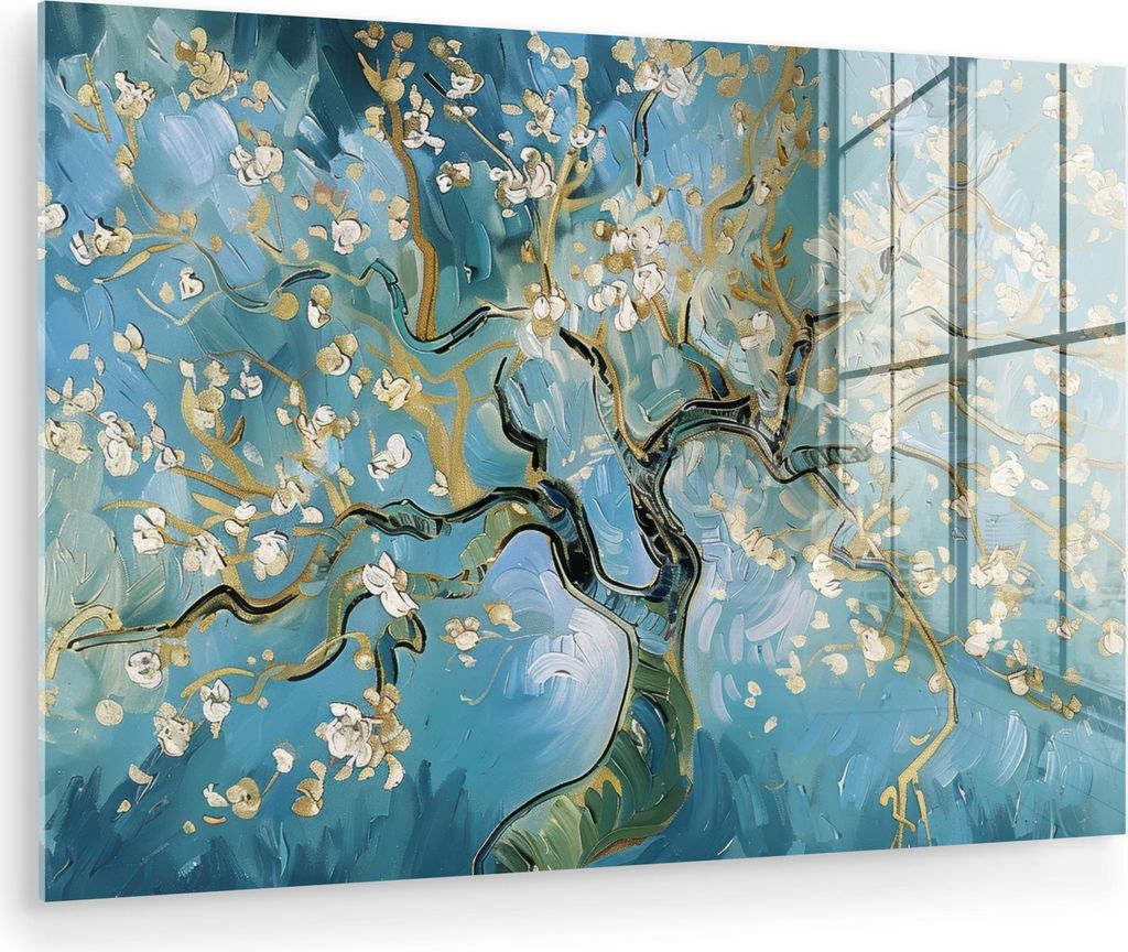 MuchoWow Glasbilder - Bilder auf Wandbild - Foto auf Glas Mandelblütenbaum - Blau - Abstrakt 90x60 cm Wanddekoration aus Glas - Acrylglasbild - Ac...