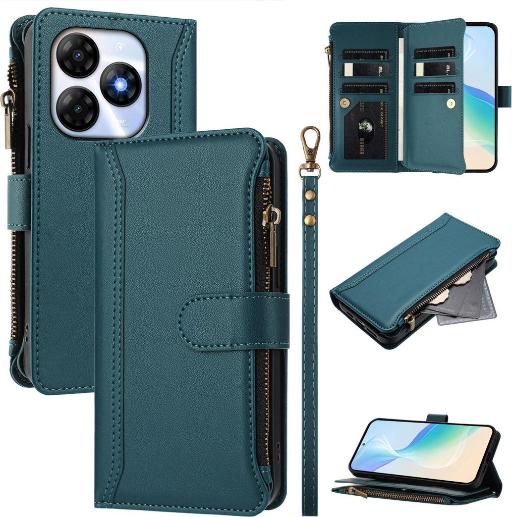 Handyhülle für Itel P55 4G/Infinix Smart 8 Reißverschluss Geldbörse Kunstleder Klapphülle mit Kartensteckplatz, Ständer, Handschlaufe Grün