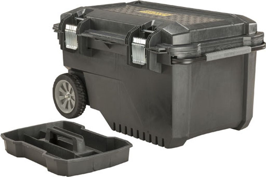 A black rolling toolbox with a separate tray in front of it, set against a white background.