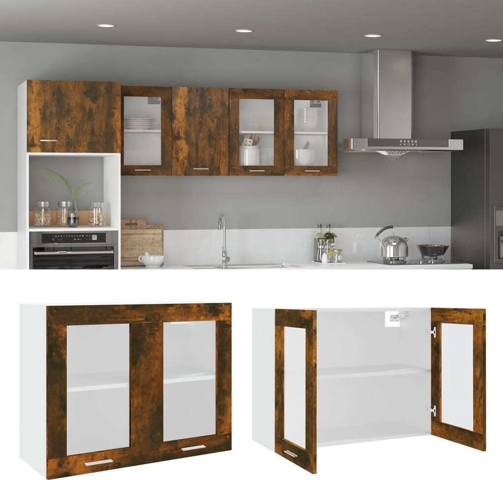 The Living Store Hängeschrank Glas Räuchereiche 80x31x60 cm Holzwerkstoff