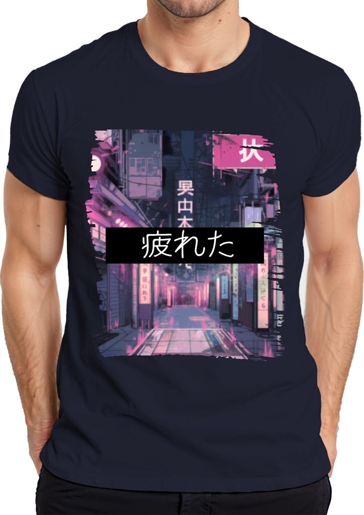 疲れた Japan Kanji Neon Cyberpunk Anime Ästhetik Tokio Retro Straße Herren T-Shirt, Navy, XL