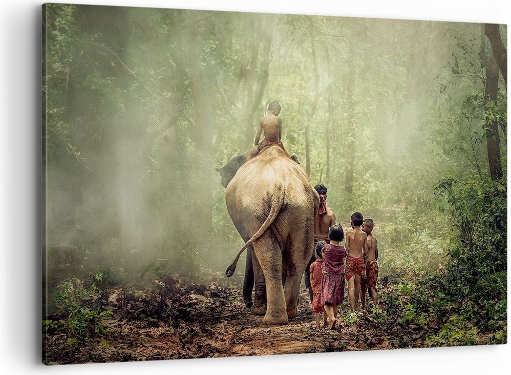 Bild auf Leinwand - Leinwandbild - Elefant Dschungel Nebel - 120x80cm - Wand Bild - Wanddeko - Leinwanddruck - Bilder - Kunstdruck - Wanddekoration...