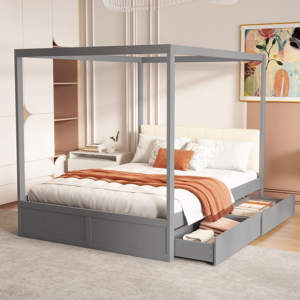 MODFU Himmelbett140x200 cm,Holzbett,Kinderbett,Jugendbett,mit 2 Schubladen und weicher Rückenlehne,Grau,Ohne Matratze