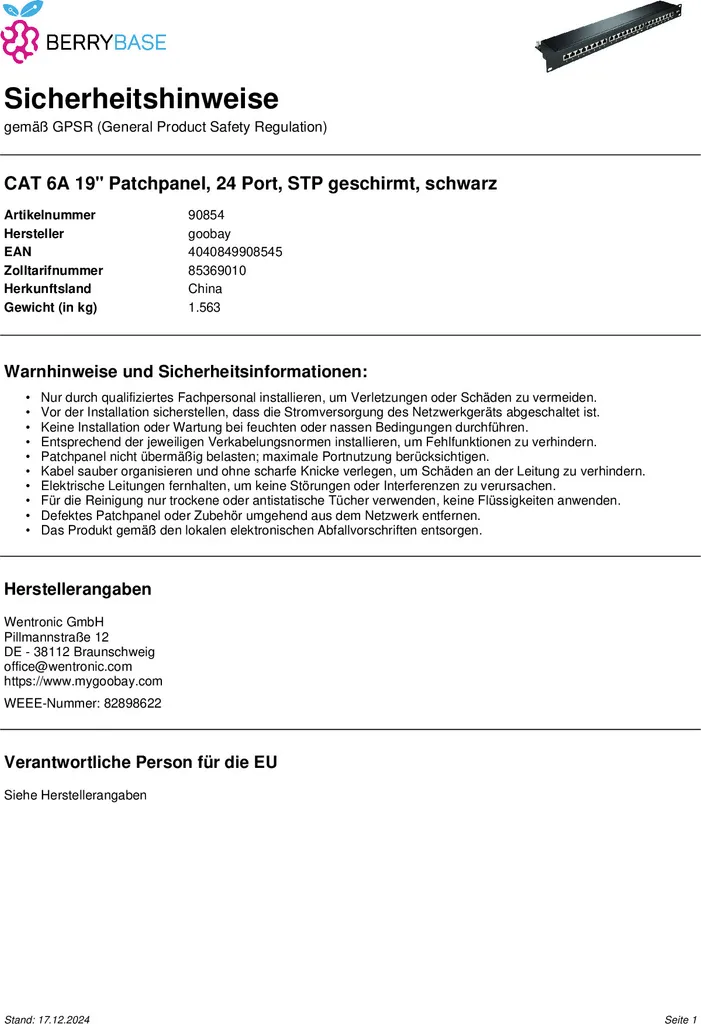 Distribuzione Rete Goobay 90854 CAT 6a STP 24 Porte Rack 19 Pollici - 13