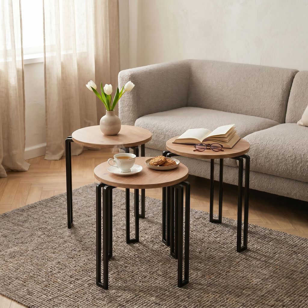 Carenza Home Beistelltisch 3er Set rund Couchtisch, Sofatisch identisch stapelbar Metall Holz, Nesting Tables Industrial, Nachttisch Ø 36 cm Höh...
