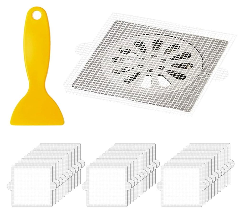 30 Stück Drainage-Netzaufkleber, 1 Stück Schaber, Selbstklebende Gaze-Netzaufkleber, Anti-Verstopfungs-Filternetz, Mesh-Bodenablaufaufkleber, Dra...