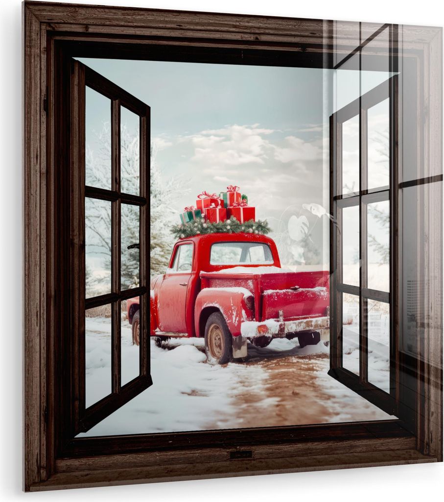 MuchoWow Glasbilder - Bilder auf Wandbild - Foto auf Glas Durchsichtig - Auto - Rot - Geschenke - Winterlandschaft - Weihnachten 20x20 cm Wanddekor...