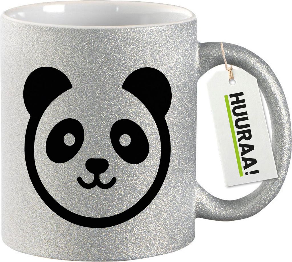 Huuraa Glitzertasse Panda Kopf Silhouette 330ml Silber Keramik Kaffeebecher Geschenkidee