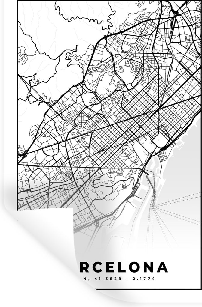 MuchoWow Wandtattoo Wandsticker Wandaufkleber Barcelona - Stadtplan - Karte - Schwarz und weiß 60x90 cm Selbstklebend und Repositionierbar - Sti...
