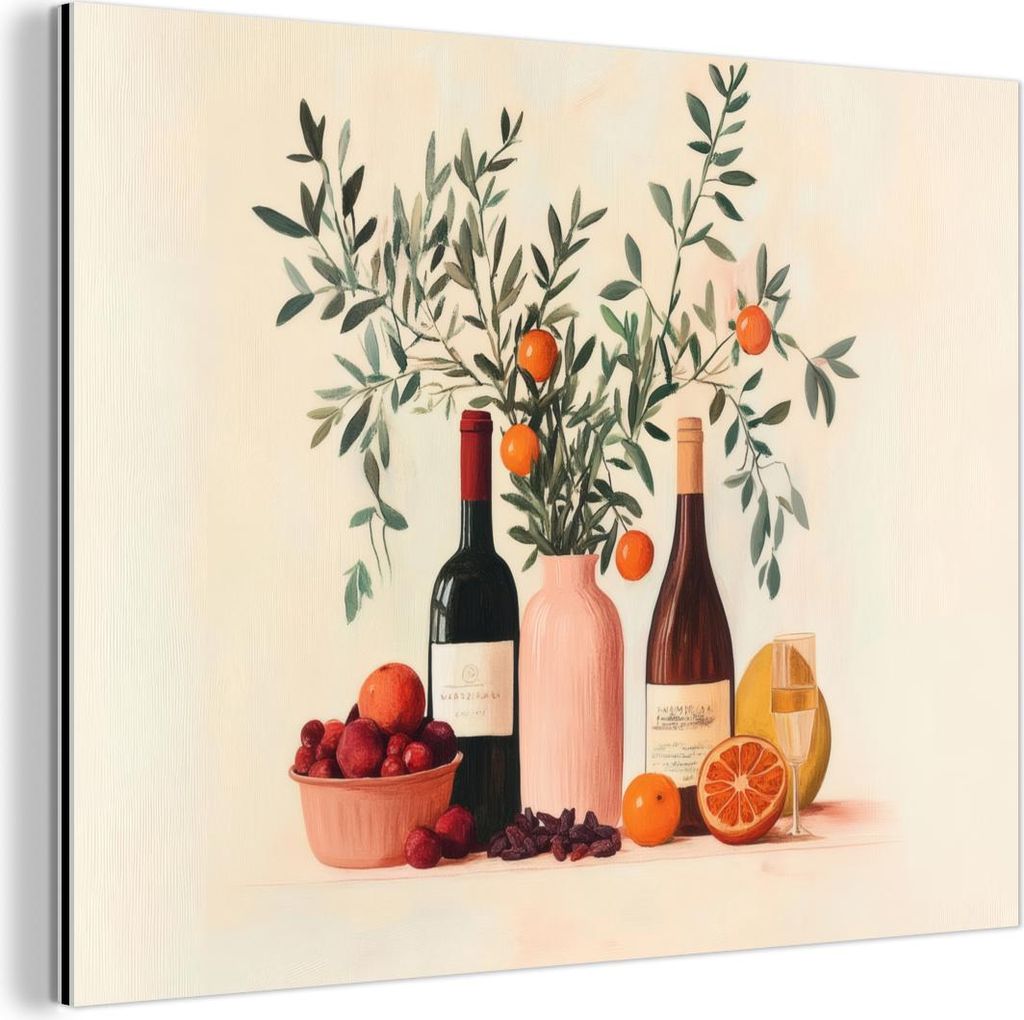 MuchoWow Wanddekoration Metall Metallbild Wandkunst 80x60 cm Weinflaschen - Äste - Orangen MuchoWow Aluminium Gemälde - Alubild