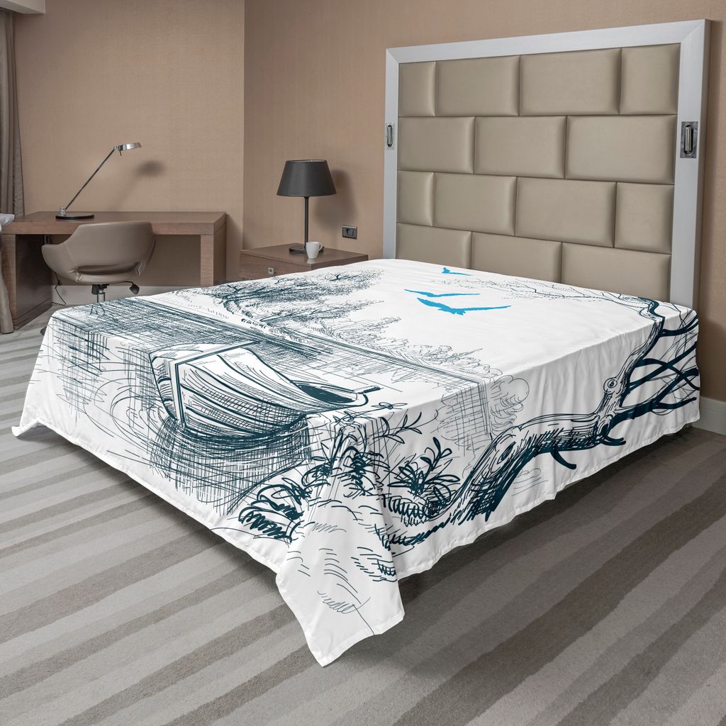 ABAKUHAUS Landschaft Bettlaken, Boot Auf Ruhigen Fluss Baum Vogel Zweig Skizzen Clipart Wasser Minimalist, weiches bequemes oberes Bettlaken für e...