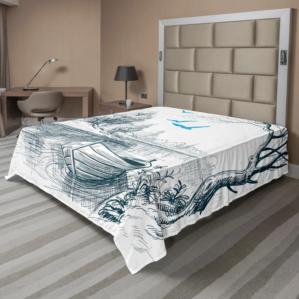 Drap de Lit Doux et Confortable Motif Nature Minimaliste Blanc Bleu