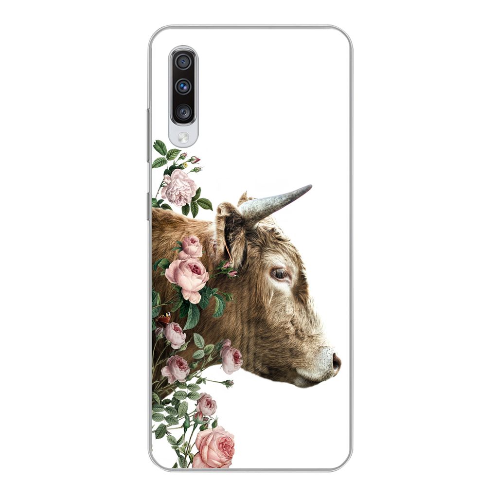 MuchoWow Handyhülle Schutzhülle Hülle für Samsung Galaxy A70 Schottischer Highlander - Kuh - Blumen Silikon Softcase Handy Hülle - Schutzhaube