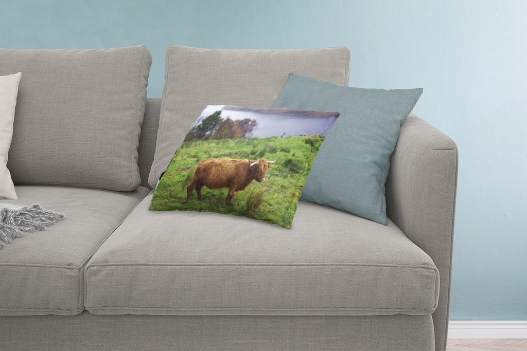 MuchoWow Zierkissen Sofakissen Wohnzimmer Dekokissen 60x40 cm Schottische Hochlandrind - Gras - Wasser - Tiere - Kopfkissen - Polster mit Foto